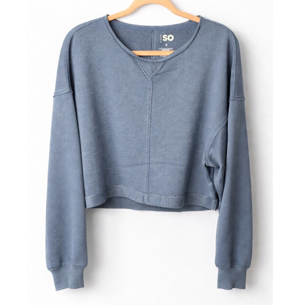 SO Cropped Sweatshirt Steel Blue Textured Long Sleeve Raw Hem Oversized Small